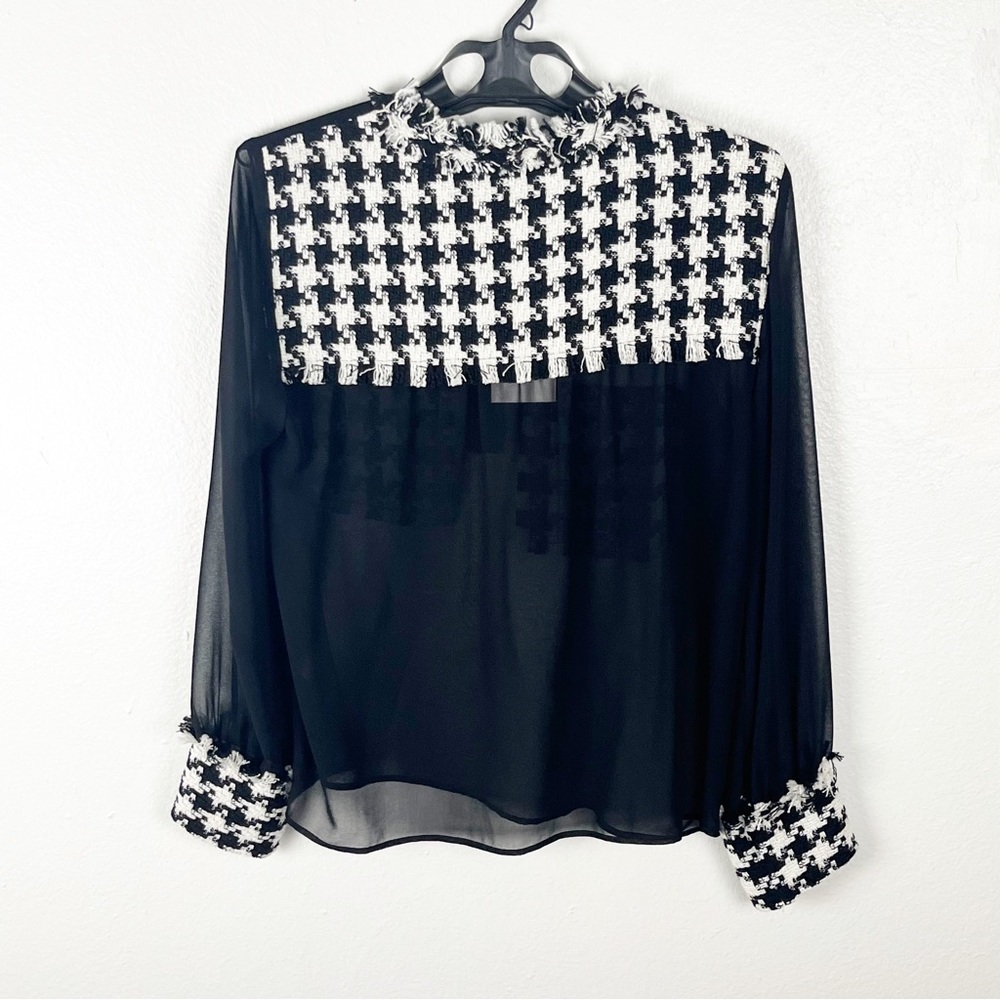 ZARA Black Sheer Buffalo Plaid Pockets Back Panel Cuff Long Sleeve Button Top - Picture 2 of 11